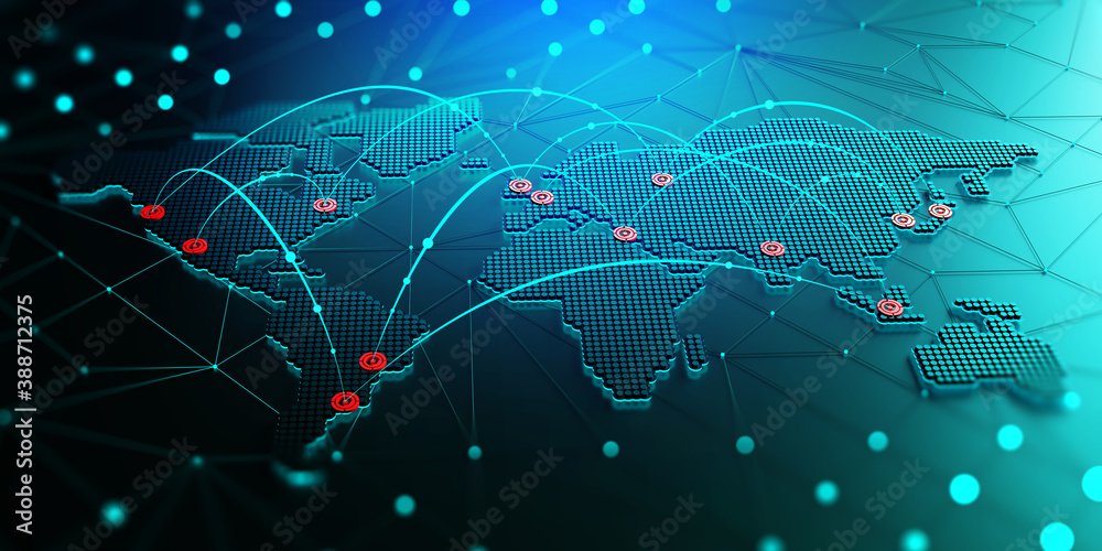 Poster Abstract map of continents. Globalization and geopolitics in high-tech world of future. 3D illustration of communications and data exchange in a virtual network. Bright, juicy, neon colors