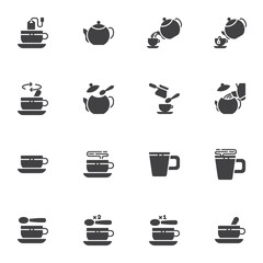 Tea and coffee vector icons set, modern solid symbol collection, filled style pictogram pack. Signs, logo illustration. Set includes icons as teapot, coffee pot, turkish cezve, kettle, cup, mug, spoon