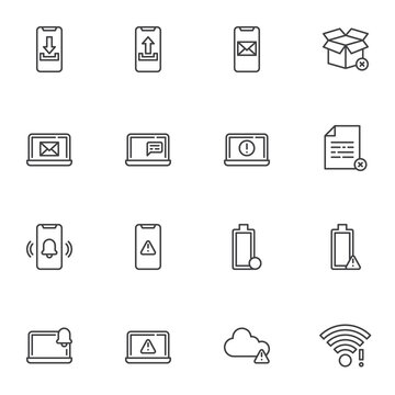 Notification line icons set, outline vector symbol collection, linear style pictogram pack. Signs logo illustration. Set includes icons as mobile phone notice, alarm clock, wifi signal, laptop screen