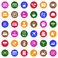 Hotel Icons. White Flat Design In Circle. Vector Illustration.