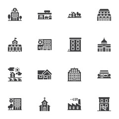 Fototapeta premium Buildings vector icons set, modern solid symbol collection, filled style pictogram pack. Signs, logo illustration. Set includes icons as bank building, county house, hospital, church, school, library