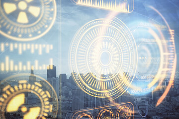 Double exposure of technology theme hologram and cityscape background. Concept of Hightech.