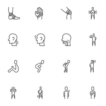Body pain line icons set, human body ache outline vector symbol collection, linear style pictogram pack. Signs logo illustration. Set includes icons as hand trauma, headache, heart pain, stomach, knee