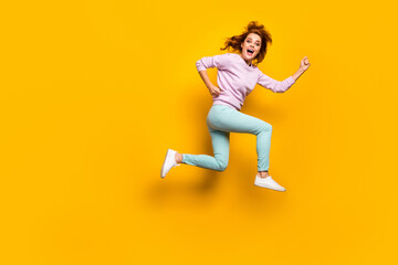 Fototapeta na wymiar Full size profile side photo of cheerful crazy woman jump run after fall black friday discount wear casual style clothing isolated over shine color background