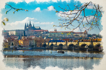 Watercolor drawing of Prague historical center with the Castle, St. Vitus Cathedral, Hradcany, Charles bridge view from Vltava river and blossom branches, blu sky white clouds, Prague, Czech Republic