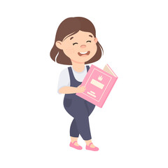 Cute Smiling Girl Reading Book, Preschool Girl Enjoying Literature, Kids Education Concept Cartoon Style Vector Illustration