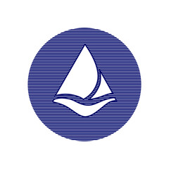 Stylized sail boat on a round blue background. Logo for yacht.