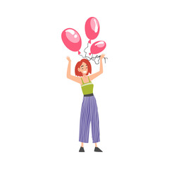 Joyful Girl with Pink Balloons, Happy Person with Holiday Symbol, Happy Birthday Concept Cartoon Style Vector Illustration