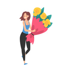 Joyful Girl with Festive Gift Bouquet of Flowers, Happy Person with Holiday Symbol, Happy Birthday Concept Cartoon Style Vector Illustration