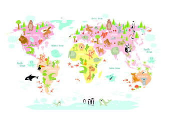 Vector map of the world with cartoon animals for kids. Europe, Asia, South America, North America, Australia, Africa. Lion, crocodile, kangaroo. koala, whale, bear, elephant, shark, snake, toucan.
