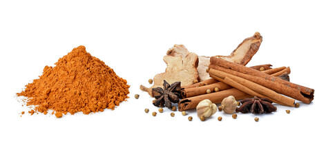 Spices food and cinnamon powder on white background.