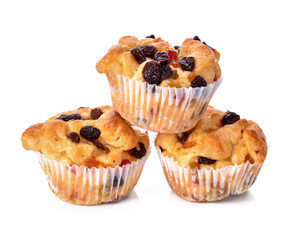 Freshly baked delicious sweet bun with raisins isolated white background
