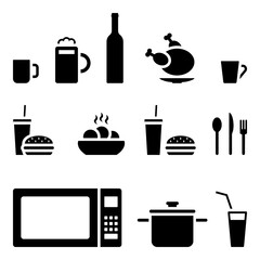 Cup of tea, glass of beer, bottle of wine, grilled chicken, paper glass of soda and burger, hot pie, spoon, fork, knife, microwave, pan icon vector illustration set on white