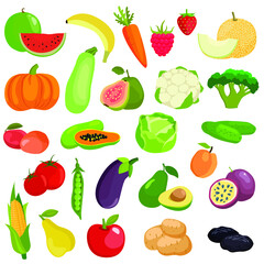 Vector set of vegetables, fruits and berries. potato, carrot, tomato, cucumber, cabbage, broccoli, avocado, corn, eggplant, zucchini, watermelon, apple, pear, peach, passion fruit, papaya, strawberry