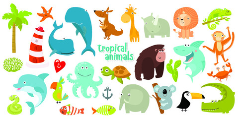 Big set of vector animals. Tropical animals. cartoon animals. lion, giraffe, gorilla, crab, shark, snake, elephant, rhinoceros, parrot, koala, kangaroo, crocodile, turtle
