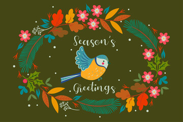 Season's greetings . Christmas wreath and bird. Vector graphics.