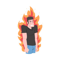 Burning Furious Man, Stress, Burnout, Emotional Problems Concept Cartoon Style Vector Illustration