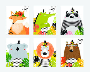 Posters with animals. Cartoon characters. Cartoon animals. Lion, crocodile, panda, fox, bear, koala
