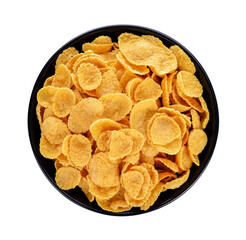 Corn flakes in bowl isolated on white. Top view