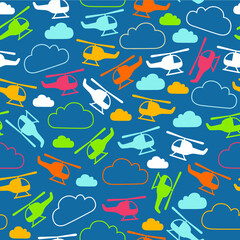 Vector pattern with helicopters and clouds. Cartoon helicopters. 
