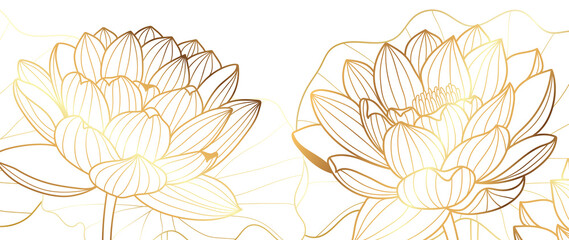Golden lotus line arts on dark background, Luxury gold wallpaper design for prints, banner, fabric, poster, cover, digital arts vector illustration..