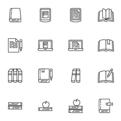 Book library line icons set, outline vector symbol collection, linear style pictogram pack. Signs, logo illustration. Set includes icons as e-learning, ebook reading, notebook, online education, apple