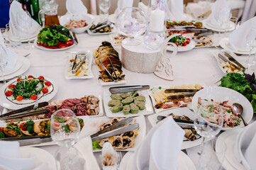 Food. Festive table with dishes. Dish. Side view.