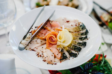 Fish. Food. Festive table with dishes. Dish. Top view.