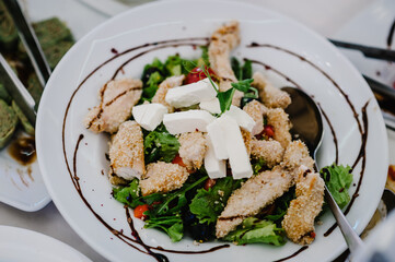 Salad. Food. Festive table with dishes. Dish. Top view.
