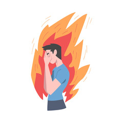 Stressed Young Man in Flame, Stress, Burnout, Emotional Problems Concept Cartoon Style Vector Illustration