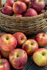 Basket of fresh apples on the wooden table in garden