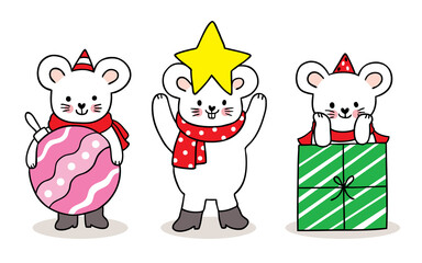 Hand draw cartoon cute Merry Christmas, Mouse and ornament christmas vector.