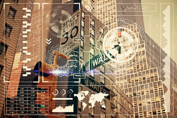 Data theme hologram drawing on city view with skyscrapers background multi exposure. Bigdata...