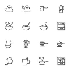 Cooking utensil line icons set, outline vector symbol collection, linear style pictogram pack. Signs, logo illustration. Set includes icons as tea kettle, french press, gas oven, frying pan, microwave