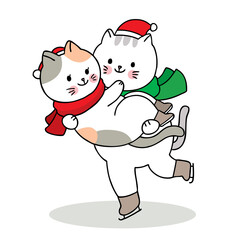 Hand draw cartoon cute Merry Christmas, Couple cats play ice skate vector.