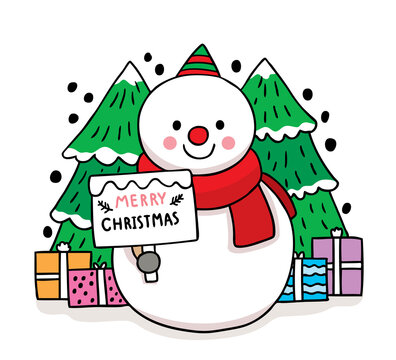 Hand draw cartoon cute Merry Christmas, Snowman and gift bxes and tree christmas vector.