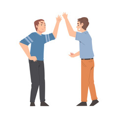Two Men Giving High Five, Cheerful Friends and Colleagues Characters Meeting, Happiness, Agreement or Joy Expression Cartoon Style Vector Illustration