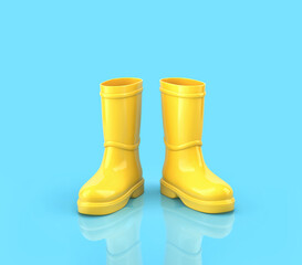 Yellow rubber boots with reflection on blue background. Clipping path included