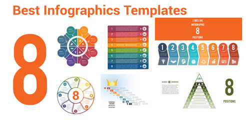 Universal set with 6 templates for 8 positions  Infographics conceptual cyclic processes. It can be use for workflow, banner, diagram, web design, timeline, area chart,number options