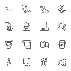 Hygiene and cleaning line icons set, outline vector symbol collection, linear style pictogram pack. Signs, logo illustration. Set includes icons as clean toilet, wash hands, laundry, dish washing