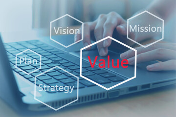 Woman working hand on keyboard close up, business model with value concern