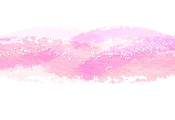 音符とピンク系の水彩タッチの背景
