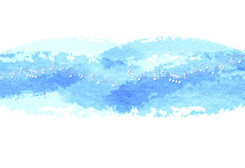 音符とブルーとピンクの水彩背景
