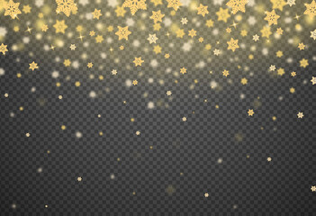 Snowflake gold glitter particles isolate on png or transparent  background with sparkling  snow, star light  for Christmas, New Year, Birthdays, Special event, luxury card,  rich style.  vector