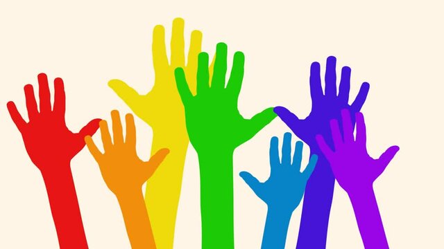 The hands of a group of people greeting, for a farewell or for a goodbye. Looping footage, rainbow animated illustration.