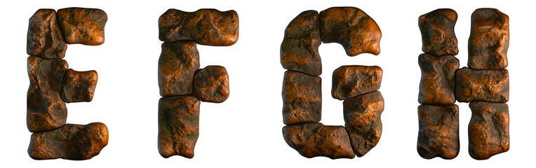 Set of rocky letters E, F, G, H. Font of stone on white background. 3d
