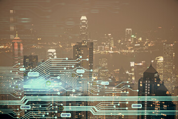 Data theme hologram drawing on city view with skyscrapers background double exposure. Ai concept.