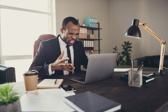 Portrait of his he nice attractive classy angry evil overwhelmed guy skilled specialist finance expert using laptop bad result bankrupt fail burn-out lose money deadline at work place station