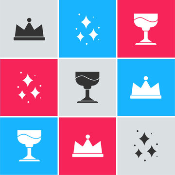 Set Crown, Firework And Cocktail Icon. Vector.