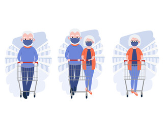 Old women and men with medical masks and shopping cart in grocery store or supermarket. Cute grandparents. Elderly couple. Cartoon character. Vector illustration